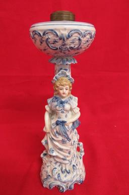19th C. German Figural Blue and White Oil Lamp
