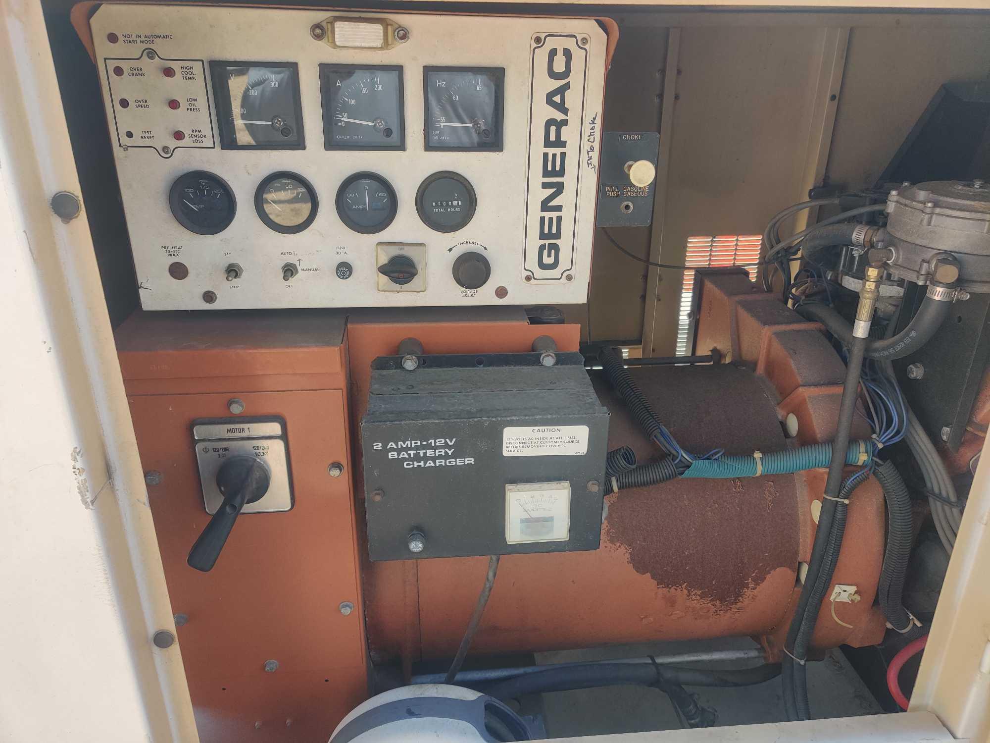 GENERAC 50KW GENERATOR SN:890206 powered by 5.7L gas engine, equipped with 50KW, selector switch,