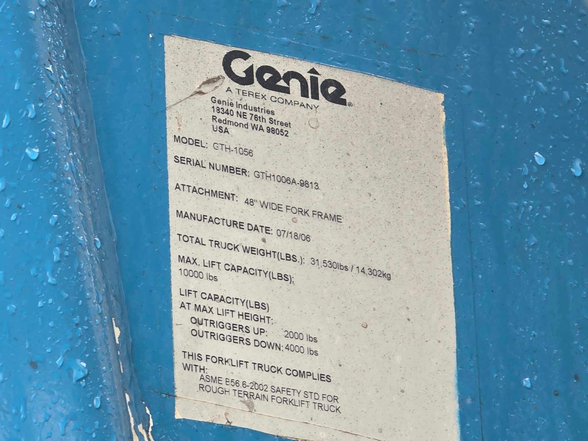 GENIE GTH1056C TELESCOPIC FORKLIFT SN:A9813 4x4, powered by diesel engine, equipped with OROPS,
