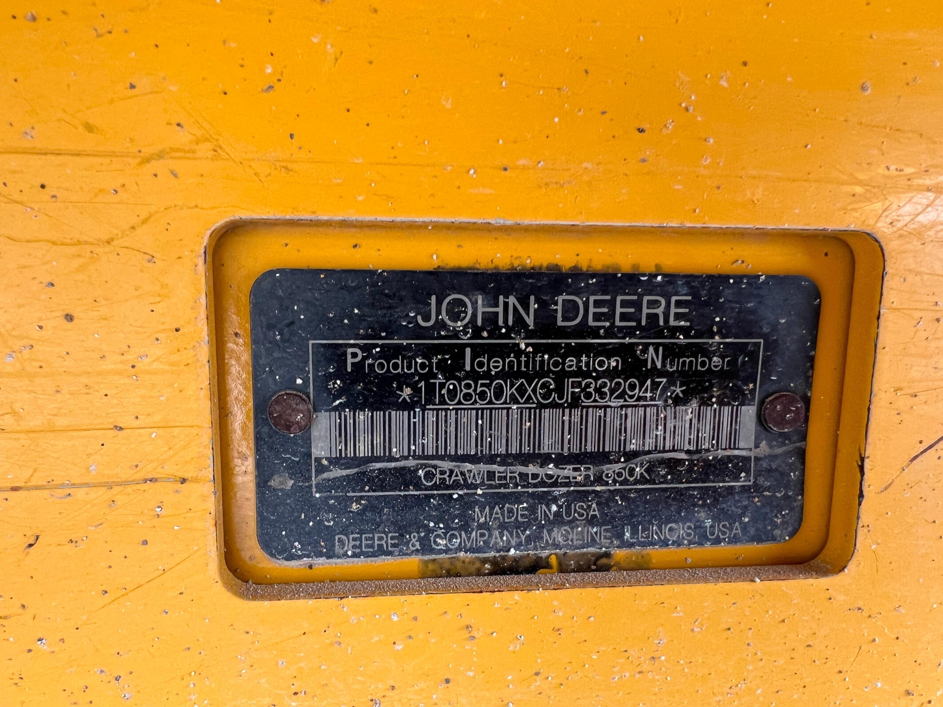 2018 JOHN DEERE 850K WLT CRAWLER TRACTOR SN:1T0850KXCJF332947 powered by John Deere diesel engine,