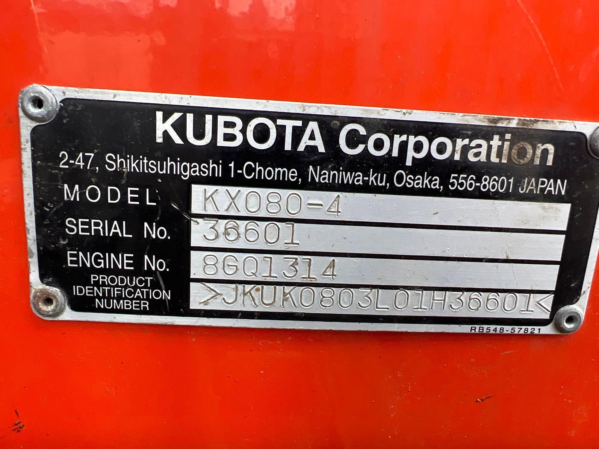 2016 KUBOTA KX080-4R3A HYDRAULIC EXCAVATOR SN:36601 powered by Kubota diesel engine, equipped with