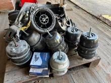 PALLET OF AAST'D BRAKE CANS, AIR BAGS, BRAKE SHOES SUPPORT EQUIPMENT