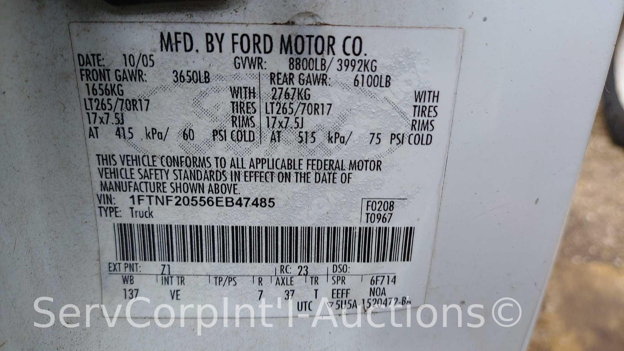 2006 Ford F-250 Toolbody Truck, VIN # 1FTNF20556EB47485