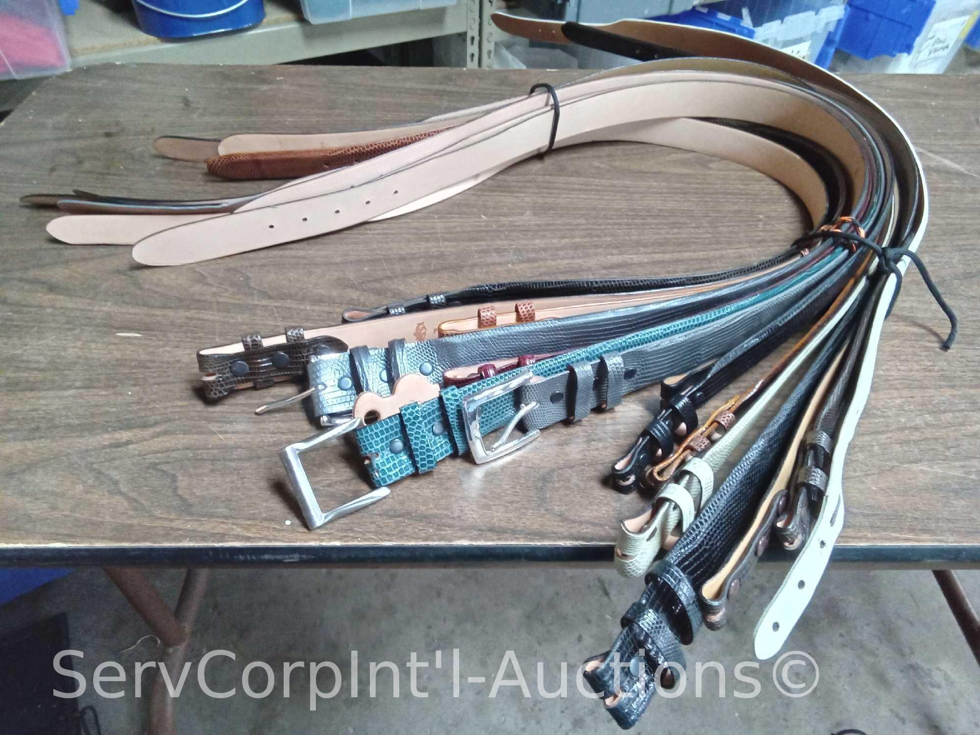 Lot on Shelf of Approximately 90 Belts & a Bag of Various Buckles: Buffalo, Calf, Saddle Leather,