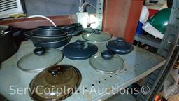 Lot on 2 Shelves of Various Pots, Pans, Cheese Graters, Pizza Pan, Cookie Sheet, Cake Pan