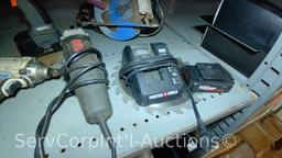 Lot on Shelf of Electric Ridgid Sander, Electric Circular Saw, Electric Hyper Tough Grinder, Hart