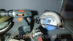 Lot on Shelf of Electric Ridgid Sander, Electric Circular Saw, Electric Hyper Tough Grinder, Hart