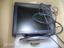 Lot on 2 Shelves of Various Monitors, HP Printer, Keyboards, Mouse, Fax Modem