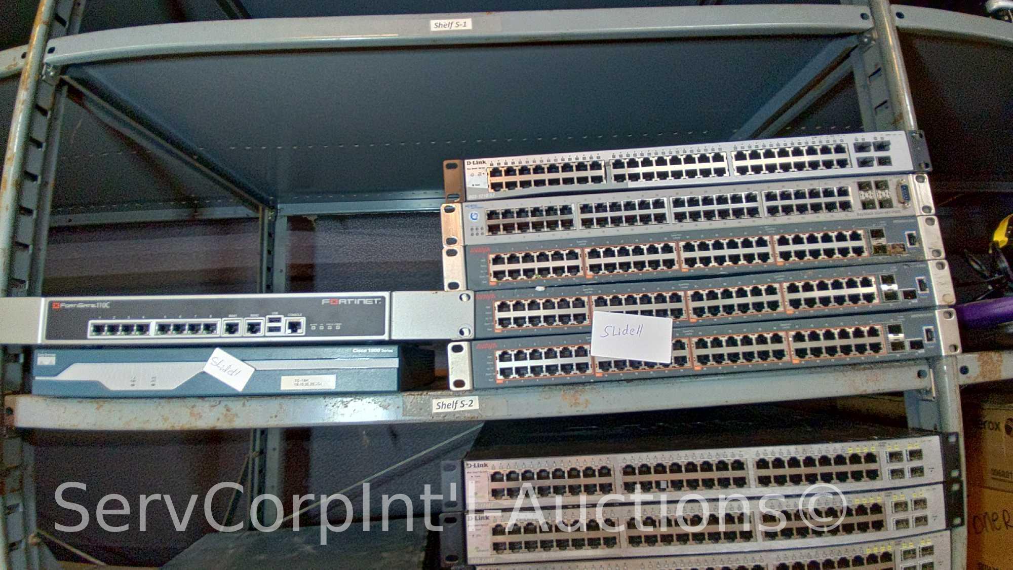 Lot on 5 Shelves of Various Network Switches: Fortinet, D-Link, Avaya, Dell Sonicwall, Nortel, 3Com