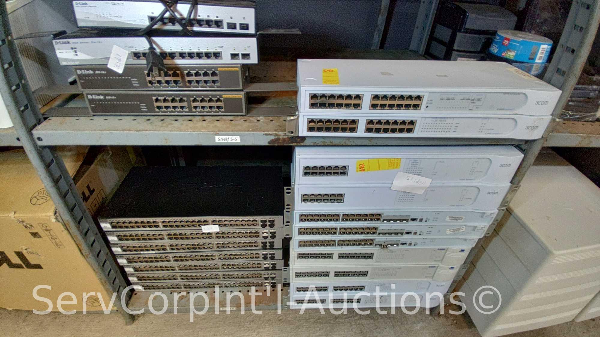 Lot on 5 Shelves of Various Network Switches: Fortinet, D-Link, Avaya, Dell Sonicwall, Nortel, 3Com
