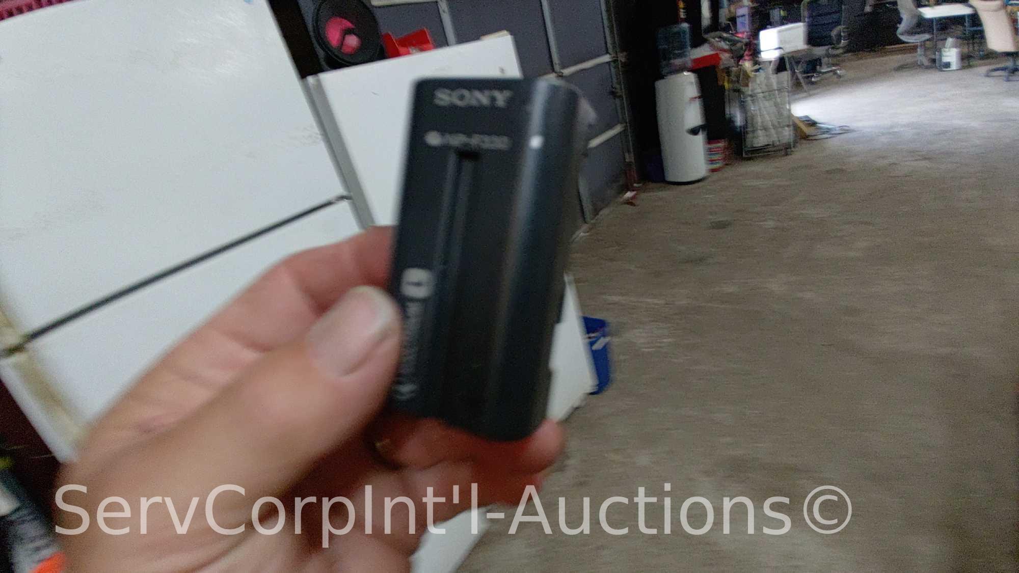 Lot on Shelf of Sony Handycam with Bag, Sony Digital Mavica Camera with Bag, Ambico 54" Tripod,