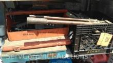 Lot on Shelf of Various Screw Drivers, Wrenches, Pliers, Hacksaws, Bolt Cutters, Flaring Tool, Tap
