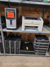 Lot on 2 Shelves of 11 HP Compac PC Towers & HP Printer