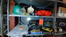Lot on 2 Shelves of Hard Hats, Small Ice Chest, Life Jacket, Water Pump/Timing Kit (Unknown