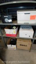 Lot on 3 Shelves of Dell 2230d Printer, HP LaserJet Pro M203dw Printer, Dell 1720 Printer, Netgear