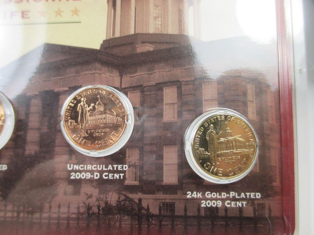 jr-8 2009 Ultimate Lincoln Anniversary Cents Set. 2009 Colorized Cent, Gold Plated Cent and the P-D