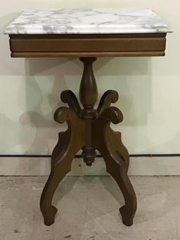 Pair of Matching Wood Pedestal Marble Top Tables
