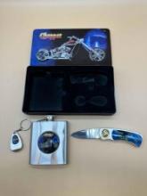 CHOPPER COLLECTOR SET WITH KNIFE, FLASK, AND KEYCHAIN WITH BOTTLE OPENER