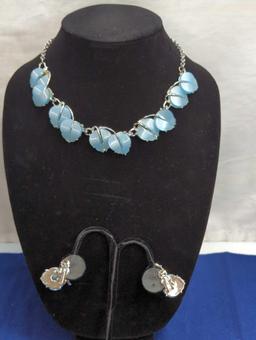 LIGHT BLUE VINTAGE LEAF NECKLACE WITH MATCHING CLIP ON EARRINGS UNMARKED