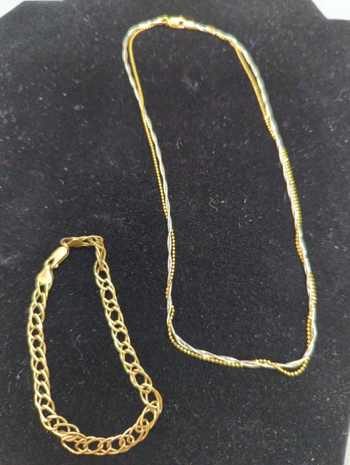TWO TONE SILVER & GOLD CHAIN NECKLACE 585 ITALY, GOLD LINK BRACELET 585 ITALY