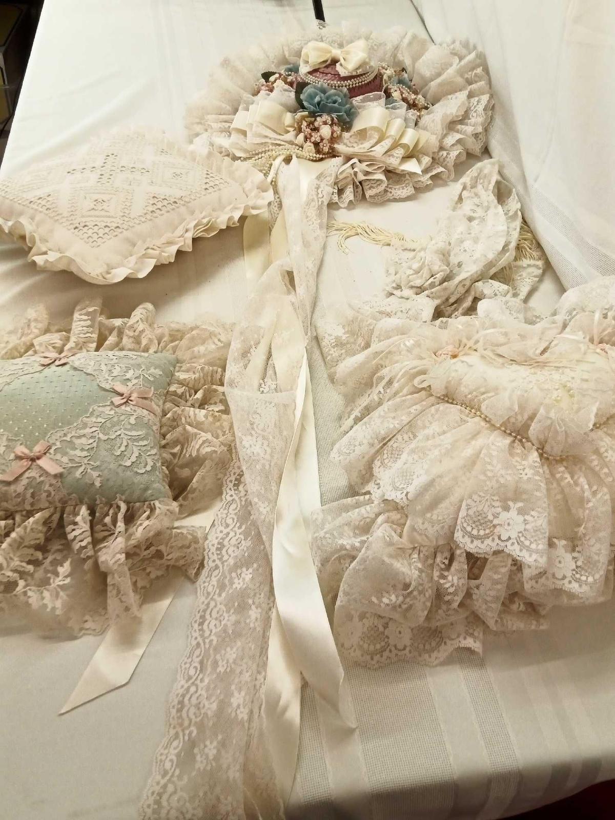 LACE HAT AND ASSORTED LACE PILLOWS
