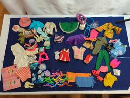 BARBIE CLOTHES AND ACCESSORIES, GUITAR, HANGERS, CRADLE