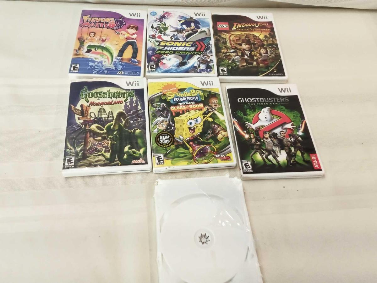 ASSORTED WII GAMES RATED E FOR EVERYONE "SPONGEBOB", "GHOST BUSTERS", "GOOSEBUMPS" AND OTHERS.