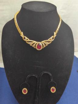 CHR DIOR GOLD TONE NECKLACE WITH RED STONES AND CLEAR STONES WITH MATCHING PIERCED EARRINGS