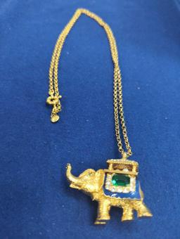 JAY CREWS ELEPHANT CHARM NECKLACE WITH GREEN & CLEAR STONES