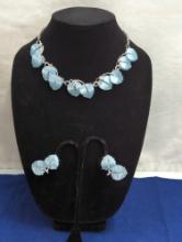 LIGHT BLUE VINTAGE LEAF NECKLACE WITH MATCHING CLIP ON EARRINGS UNMARKED