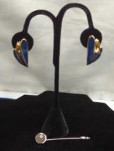 TRIFARI STICK PIN WITH STONES, PRETTY TWO TONE BLUE&GOLD PIERCED EARRINGS