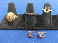 RINGS SIZE 9,SIZE 6, SIZE 5 LEFT TO RIGHT 1 MISSING STONE, PIERCED EARRINGS STERLING