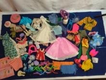BARBIE CLOTHES AND ACCESSORIES, GUITAR, HANGERS, CRADLE