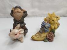 GNOME ON A BUNNY, BUNNIES IN A SHOE FIGURINES