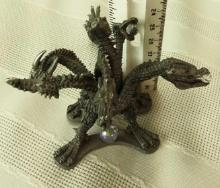 PEWTER 7 HEADED DRAGON FIGURE WITH CRYSTAL LIKE STONES 3"