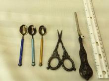 SMALL VINTAGE SPOONS, SCISSORS, AND CURLING IRON