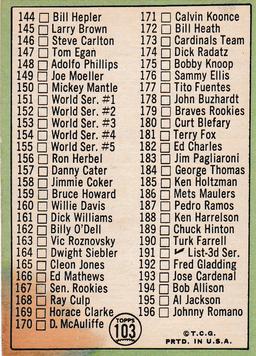 1967 TOPPS 2ND SERIES CHECKLIST CARD #103 / MANTLE