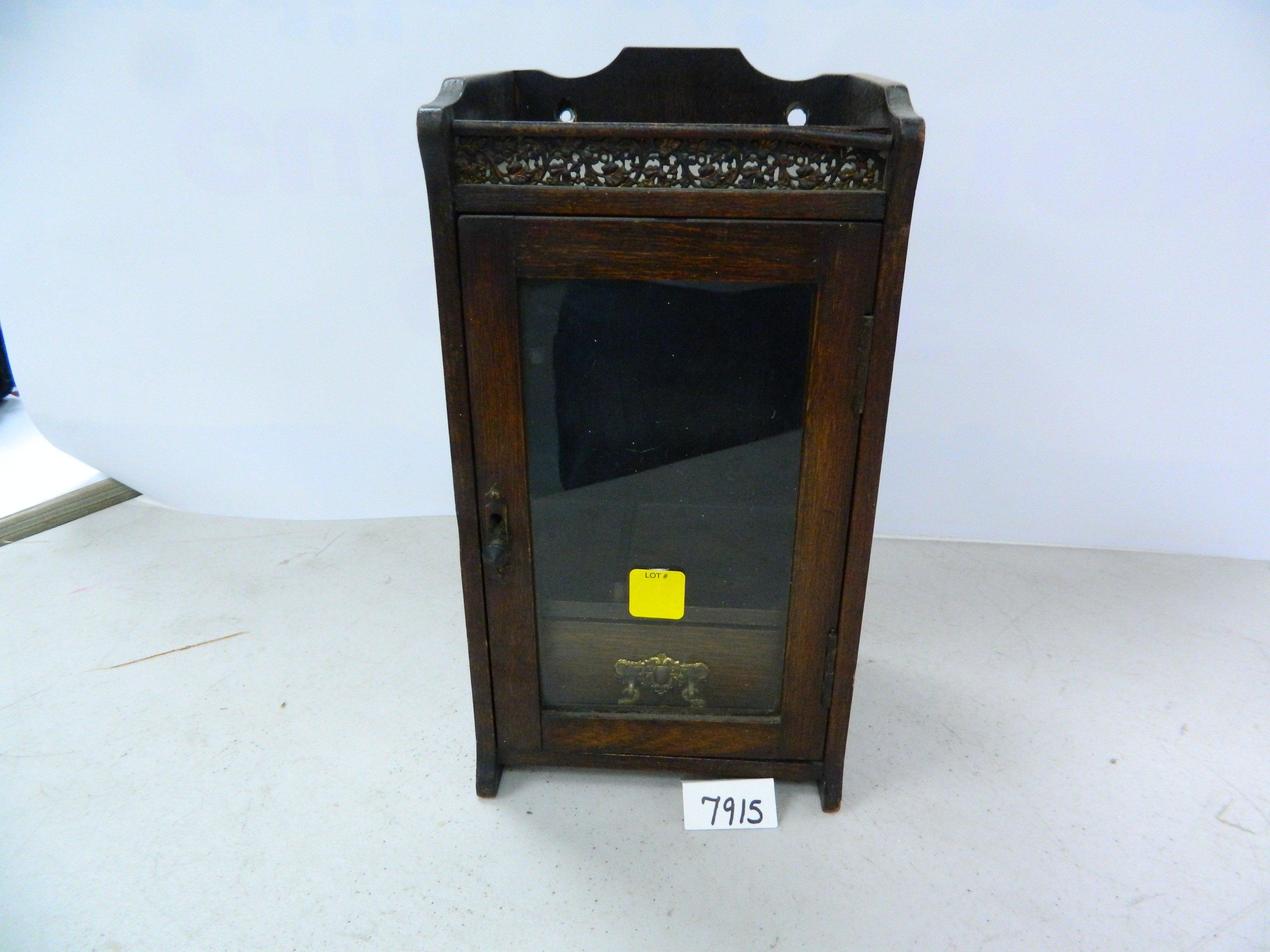 Old British smoking cabinet for hang on wall, interior drawer, oak.