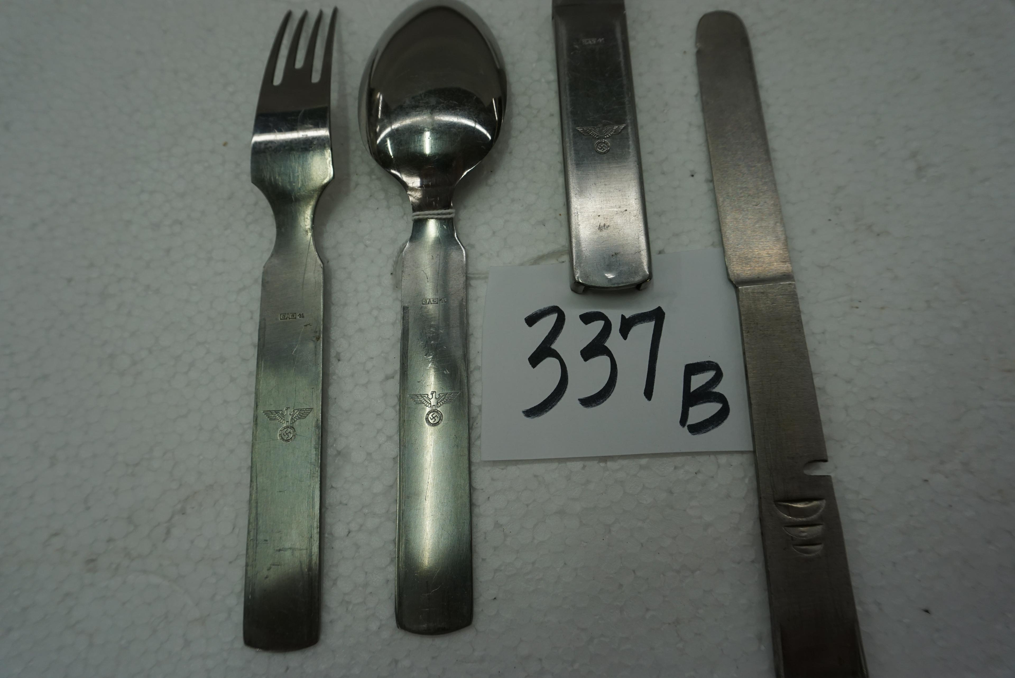 German Officer's Field Utensils, Spoon, Fork and Can Opener/Holder Stamped with Swastika and Eagle.