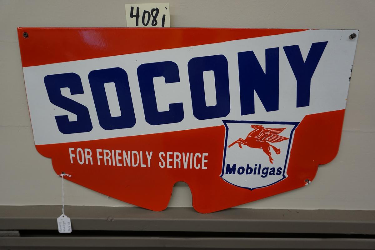 SOCONY Mobilgas 24"x15" Single Sided Porcelain Sign, $44 Shipping