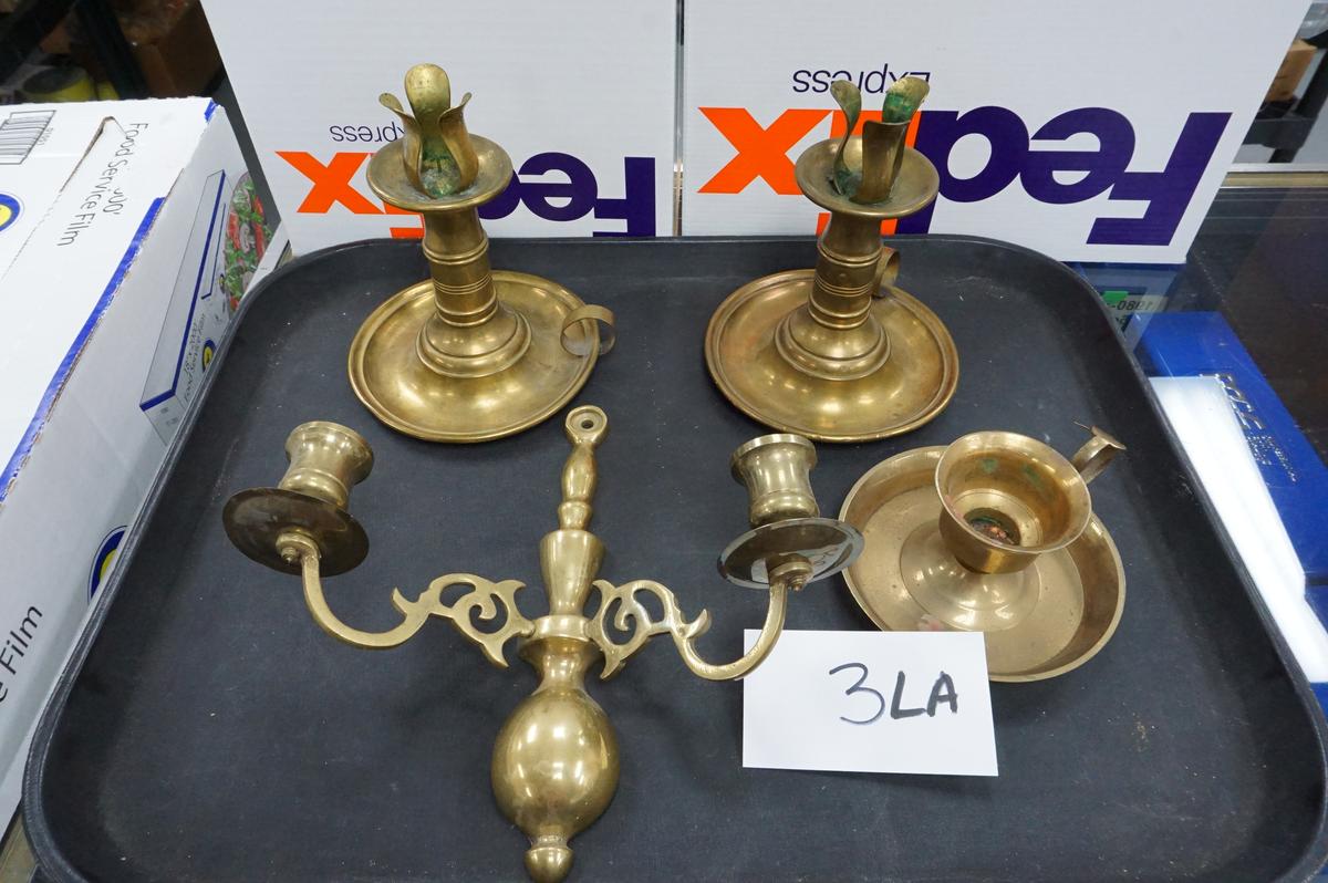 Louisiana Estate Find: Collection of Four (4) Brass Candle Holders, All One Money, Age Unknown