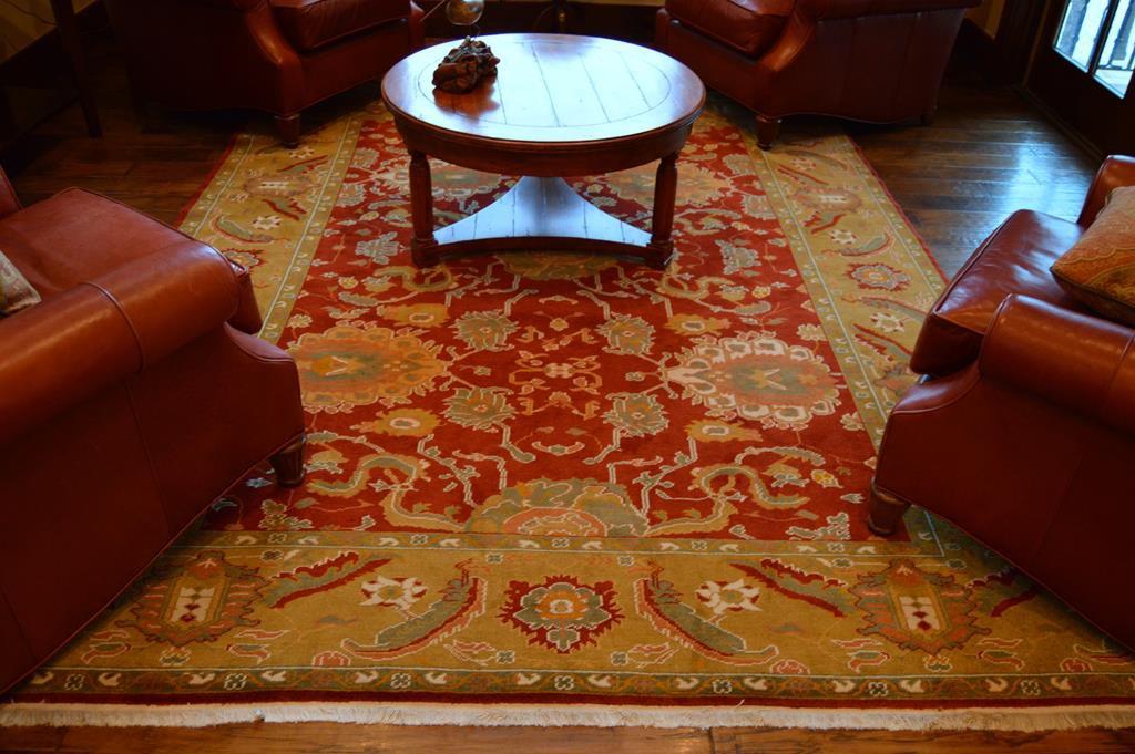Fine 100% Wool Hand Knotted Indo-Persian Rug, 8 x 10', Red, Ochre, Olive