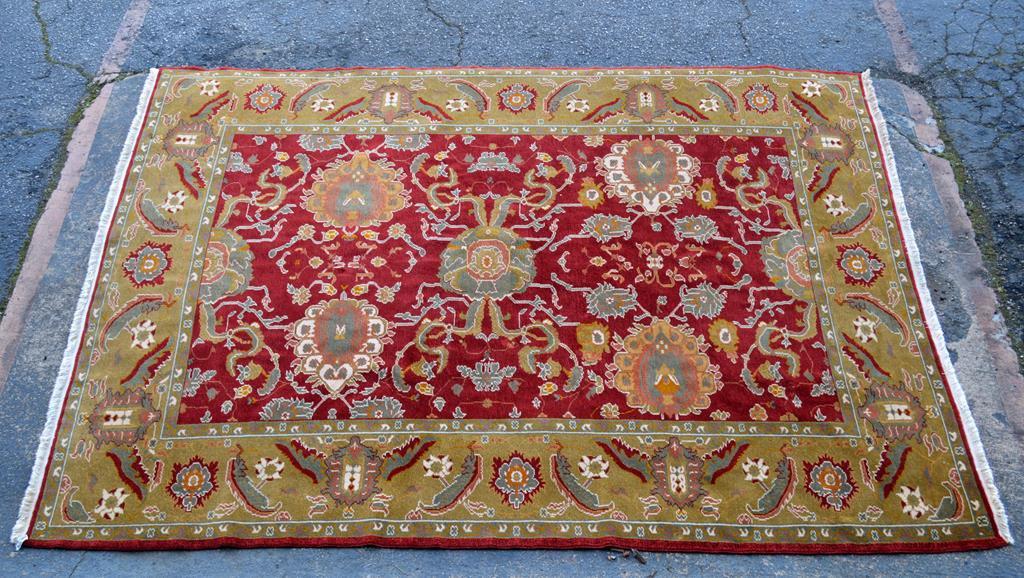 Fine 100% Wool Hand Knotted Indo-Persian Rug, 8 x 10', Red, Ochre, Olive