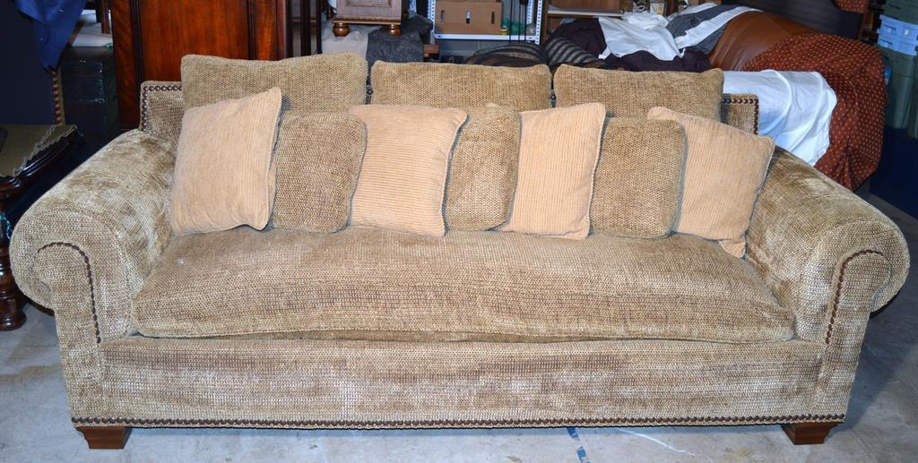 Sage Down-Filled Sofa Hand Made by Kravet Furniture w/ Brass Nailhead Trim, Seven Accent Pillows