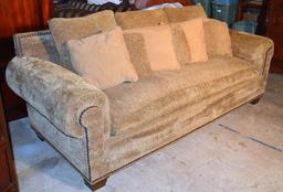 Sage Down-Filled Sofa Hand Made by Kravet Furniture w/ Brass Nailhead Trim, Seven Accent Pillows