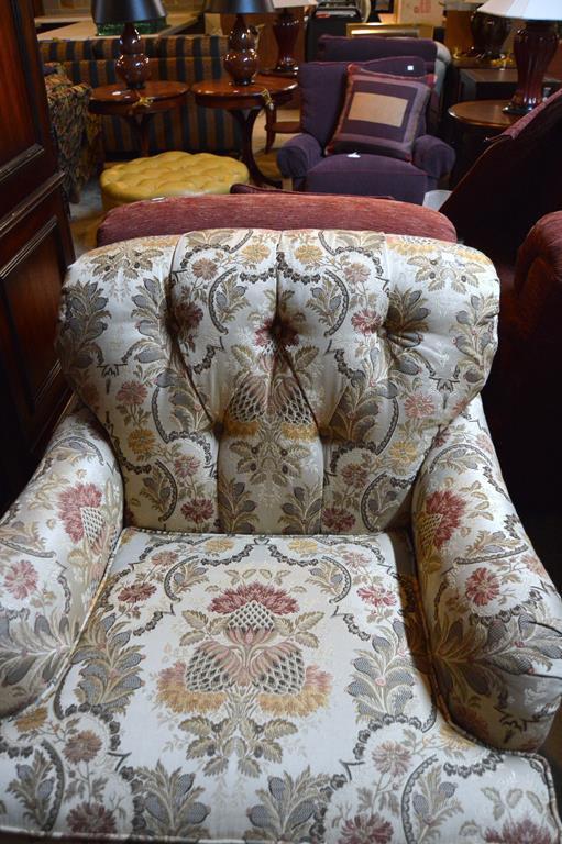 Floral Pattern Tufted Back Armchair Hand Made by Kravet Furniture, Two Accent Pillows