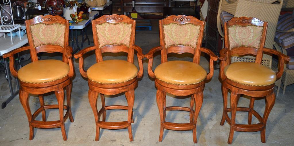 Set of 4 Ochre Leather Seat Swivel Base Oak Bar Chairs