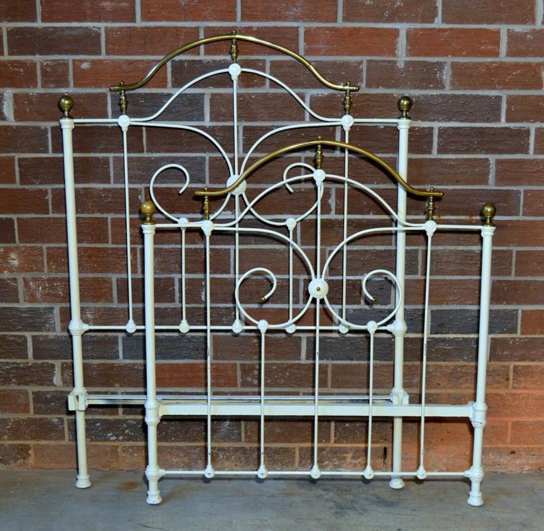 Lovely Antique Late 19th – Early 20th  C. White Enameled Iron & Brass Finial Twin Size Bed & Bedding
