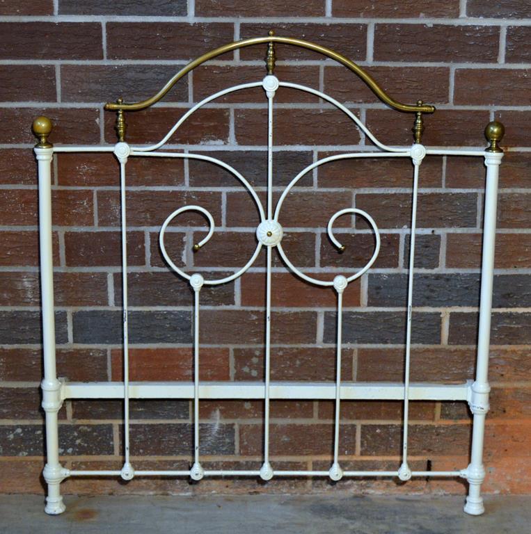 Lovely Antique Late 19th – Early 20th  C. White Enameled Iron & Brass Finial Twin Size Bed & Bedding