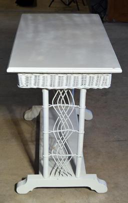 Vintage White Painted Rattan Wicker & Wood Console Table/ Nightstand